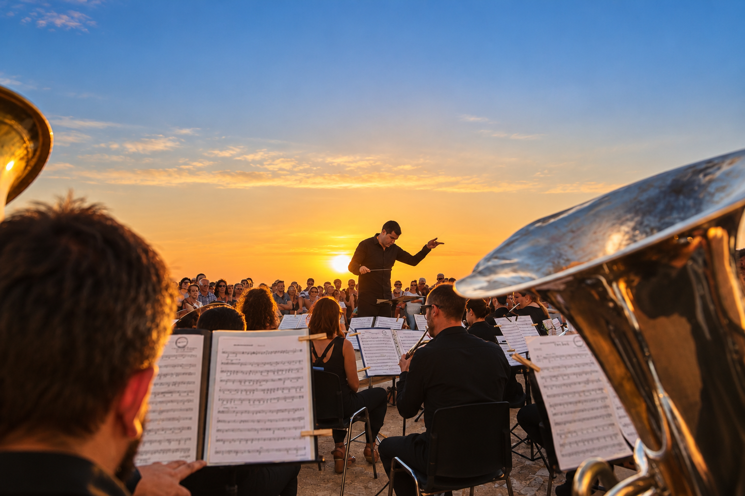 A conductor leading an outdoor musical ensemble at sunset