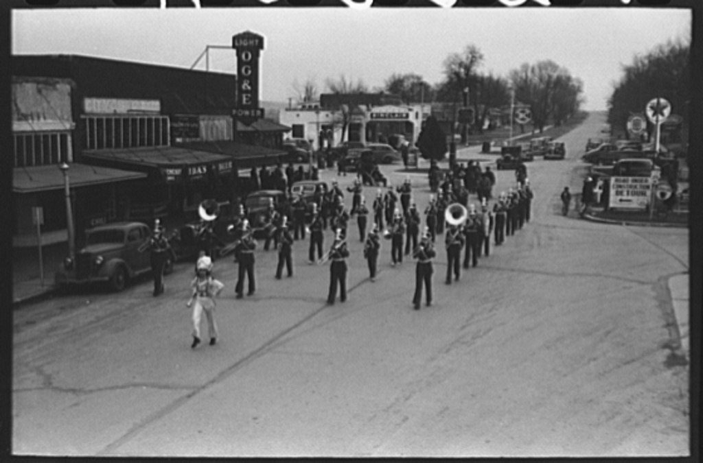 A high school band parading on Eufaula’s main street in February 1940